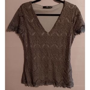 BKE Short Sleeved Womans Laced 2 Layered Shirt Dark Gray Size Medium